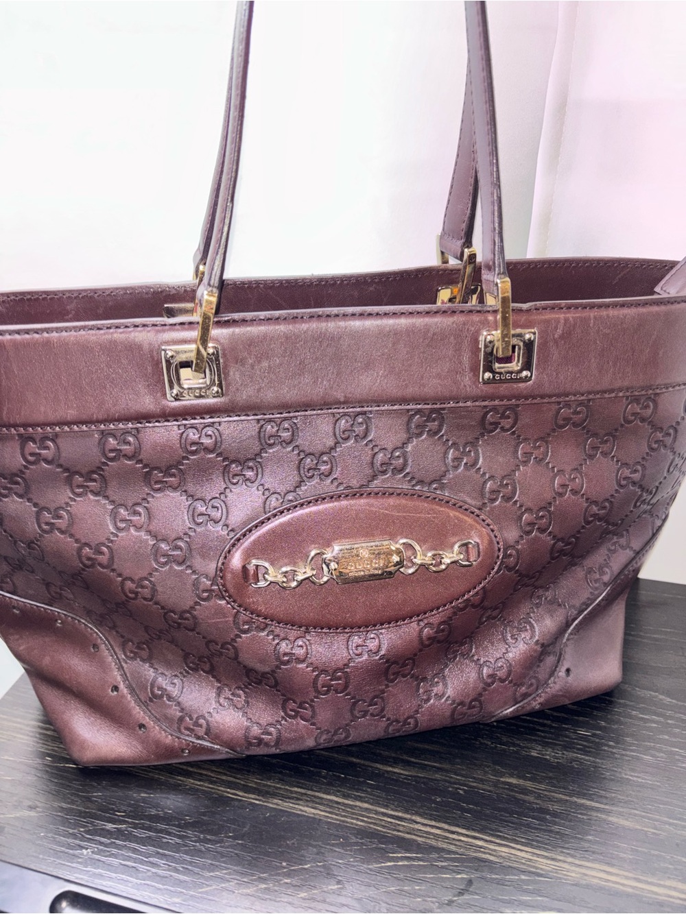 Gucci Burgundy Leather GG Monogram Tote with Gold Hardware